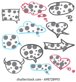 hand drawn set of color speech and thought doodle icons. graphic vector illustration