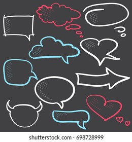 hand drawn set of color speech and thought doodle icons. graphic vector illustration