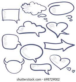 hand drawn set of color speech and thought doodle icons. graphic vector illustration