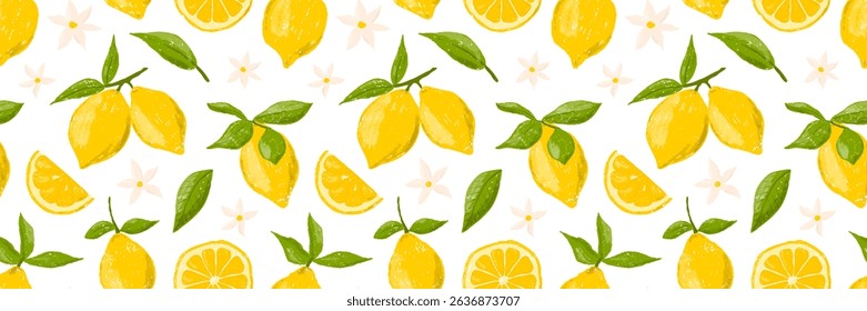Conjunto dibujado a mano de color crayón de limones en una rama. Hojas y flores de cítricos. Patrón italiano de verano sin fisuras en estilo vintage Vector