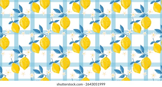 Hand drawn set of colored crayon of lemons on branch. Leaves and flowers of citrus fruits. Vector Italian summer seamless pattern in Mediterranean vintage style, kitchen print, checkered background