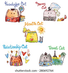 Hand drawn set of colored funny cats.