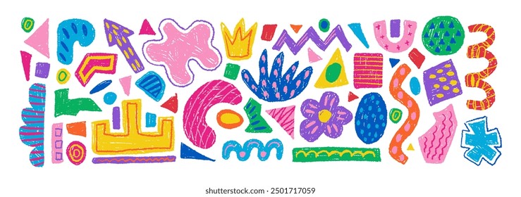 Hand drawn set of colorful abstract geometric shapes, forms. Vector collection of contemporary