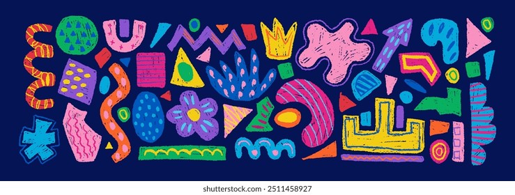 Conjunto dibujado a mano de coloridas Formas geométricas abstractas, formas. Vector colección de figura de textura contemporánea en estilo doodle. Elemento de diseño perfecto para el Anuncio, impresión, pegatinas, decoración