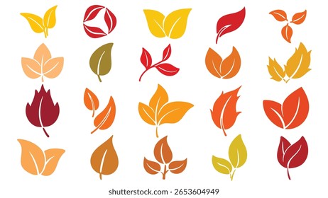 Conjunto desenhado à mão de folhas de outono coloridas. Coleção de folhas amareladas caídas de cor vermelha, laranja, amarela, marrom de árvores diferentes. Ícones de queda de folhagem, elementos vetoriais
