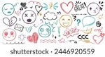 Hand drawn set of colorful charcoal doodle emoji faces with different emotion, heart and pencil punctuation marks. Color charcoal speech bubbles, phrases, underline and highlight text elements icon