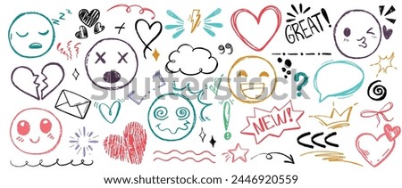 Hand drawn set of colorful charcoal doodle emoji faces with different emotion, heart and pencil punctuation marks. Color charcoal speech bubbles, phrases, underline and highlight text elements icon