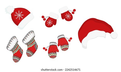 Hand drawn set of colorful decorative Christmas socks, mittens with pom poms and snowflake. Christmas Santa Claus hat. Vector doodle sketch Illustration. Happy New Year collection for winter holidays