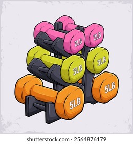 Hand drawn set of colorful, different weights neoprene coated dumbbells for workout fitness training