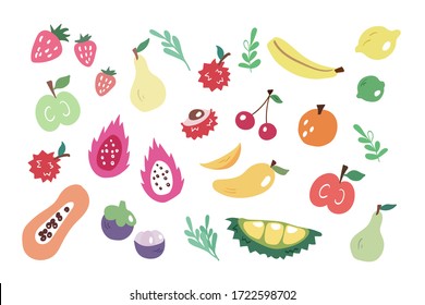 Hand drawn set with colorful doodle fruits. Sketch style vector collection. Flat icons: pear, apple, strawberry, lychee, apple, lime, banana, papaya, mango, cherry, dragon fruit, mangosteen on white.