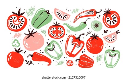 Hortalizas de doodle pintadas a mano en un estilo orgánico de moda. Pimienta roja y verde, chile caliente, tomates, jalapeno, paprika, semillas, hierbas. Verduras cortadas por la mitad, pedazo. Iconos planos. Productos agrícolas