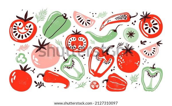 Hand drawn set colorful doodle vegetables in\
trendy organic style. Red and green pepper, hot chili, tomatoes,\
jalapeno, paprika, seeds, herbs. Vegetables cut in half, piece.\
Flat icons. Farm products