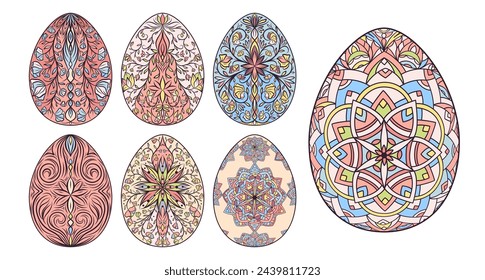 Hand drawn set of colorful Easter eggs with patterns, curls, flowers. Spring Happy Easter collection with floral elements, decorative ornament. Vector cute illustration isolated on white background