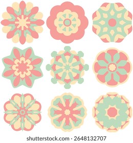 Hand drawn set of colorful Easter mandala set. Floral flowers. Spring Happy Easter collection with nature elements, decorative ornament. Vector cute illustration isolated on white background. EPS 10.