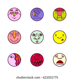 Hand drawn set of colorful face avatar icons with different expression on white background. Cute doodle style emoticons collection. Vector illustration. Funny cartoon faces.