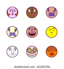 Hand drawn set of colorful face avatar icons with different expression on white background. Cute doodle style emoticons collection. Vector illustration. Funny cartoon faces.