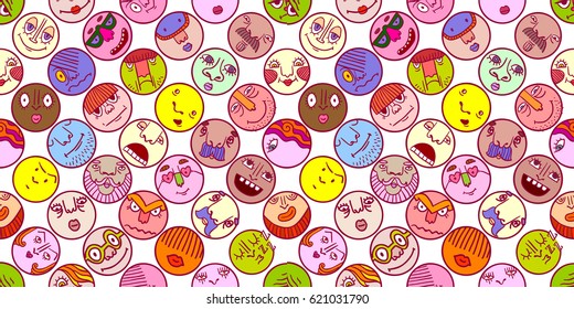 Hand drawn set of colorful face avatar icons with different expression. Cute doodle style emoticons collection. Vector illustration. Funny cartoon faces.