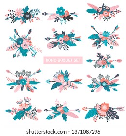 Hand drawn set of colorful flower boquets with arrows isolated on white background. Vector tribal, ethnic, aztec, hipster style