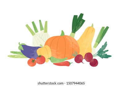 Hand drawn set of colorful fresh organic  vegetables isolated on white background. Bundle of healthy vegetarian food, tasty vegan products use for cooking books, restaurant menu, posters, farm markets