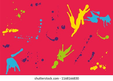 Hand drawn set of colorful ink spots on bright pink background. Paint splat set ink. Splat drop vector. Blood splash. Paint blob.