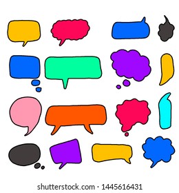 Hand drawn set of colorful speech bubbles with dialog words. Vector bubbles speech doodle.