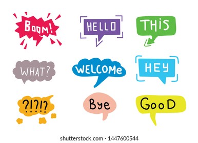 Hand drawn set of colorful speech bubbles with dialog words. Vector bubbles speech doodle.