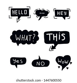 Hand drawn set of colorful speech bubbles with dialog words. Vector bubbles speech doodle.
