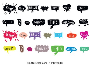 Hand drawn set of colorful speech bubbles with dialog words. Vector bubbles speech doodle.