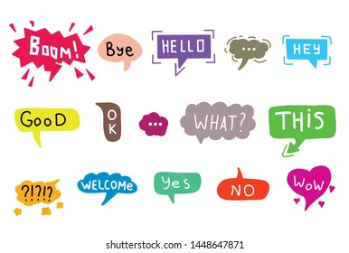 Hand drawn set of colorful speech bubbles with dialog words. Vector bubbles speech doodle.