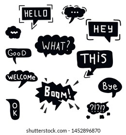 Hand drawn set of colorful speech bubbles with dialog words. Vector bubbles speech doodle.