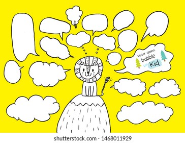 Hand drawn set of Colorful speech bubbles with dialog words for lion and kid,Vector bubbles speech doodle set for Animal