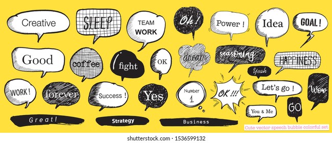 Hand drawn set of Colorful speech bubbles with dialog words,Vector bubbles speech doodle set