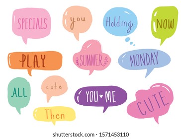 Hand drawn set of Colorful speech bubbles with dialog words,Vector bubbles speech doodle set