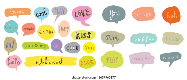 Hand drawn set of Colorful speech bubbles with dialog words,Vector bubbles speech doodle set