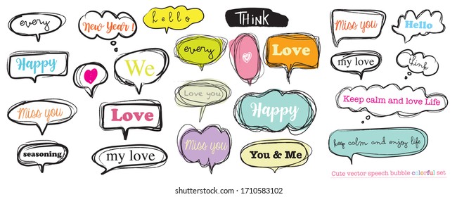 Hand drawn set of Colorful speech bubbles with dialog words,Vector bubbles speech doodle set

