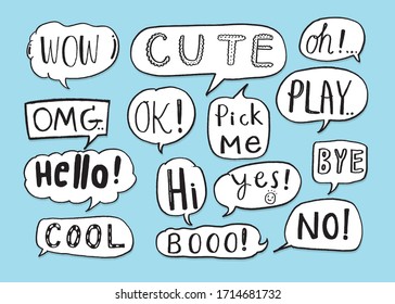 Hand drawn set of Colorful speech bubbles with dialog words,Vector bubbles speech doodle set