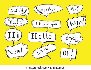 Hand drawn set of Colorful speech bubbles with dialog words,