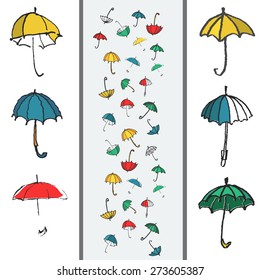 Hand drawn set of colorful umbrellas.Isolated. Sketch illustration