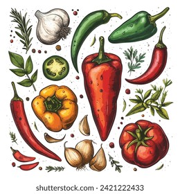 Hand drawn set of colorful vegetables. Red and green pepper, hot chili, tomatoes, jalapeno, paprika, seeds, herbs.