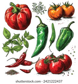 Handgezeichnete Menge an buntem Gemüse. Rote und grüne Paprika, scharfe Chilischoten, Tomaten, Jalapeno, Paprika, Samen, Kräuter.