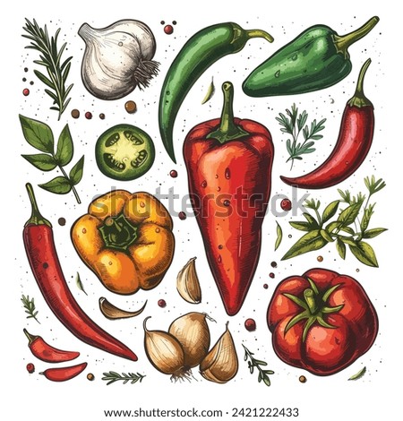 Hand drawn set of colorful vegetables. Red and green pepper, hot chili, tomatoes, jalapeno, paprika, seeds, herbs.