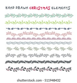Hand drawn set of colorful wreaths, ribbons, laurel on white background. Christmas design elements