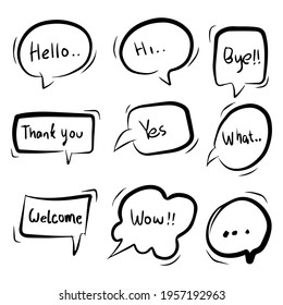 hand drawn Set of comic speech bubbles with words. hello, wow, hi, thank you, yes, what, welcome. Doodle vector illustration