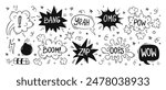 Hand drawn set of comics bombs and explosions. Speech bubbles with words pow, wow, bang and boom. Vector doodle illustration
