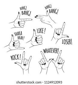 Hand drawn set of comics style female hands in different gestures. Social network stickers, flash tattoo, print or patch design vector illustration