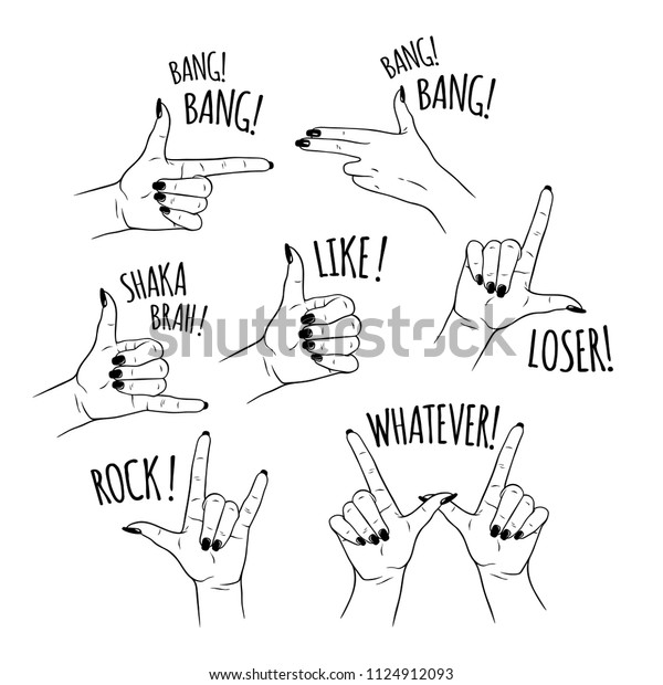 Hand drawn set of comics style female hands\
in different gestures. Social network stickers, flash tattoo, print\
or patch design vector\
illustration