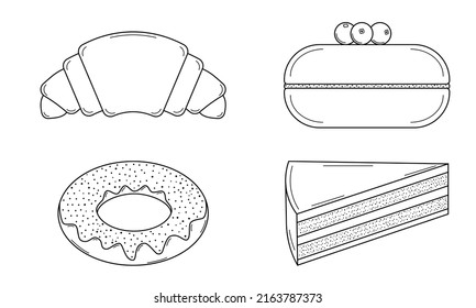 Hand drawn set of confectionery products. Sweet pastries for the bakery. Croissant, muffin, cake and donut. Doodle style. Sketch. Vector illustration
