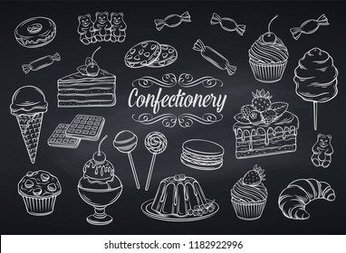 Hand drawn set confectionery and sweets icons on chalkboard. Dessert, lollipop, ice cream with candies, macaron and pudding. Donut and cotton candy, muffin, waffles and jelly. Vector illustration.