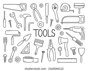 Hand drawn set of construction tools doodle Different working and building tools in sketch style. Saw, hammer, wrench, screw, drill. Vector illustration isolated on white background.