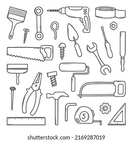 Hand drawn set of construction tools doodle Different working and building tools in sketch style. Saw, hammer, wrench, screw, drill. Vector illustration isolated on white background.